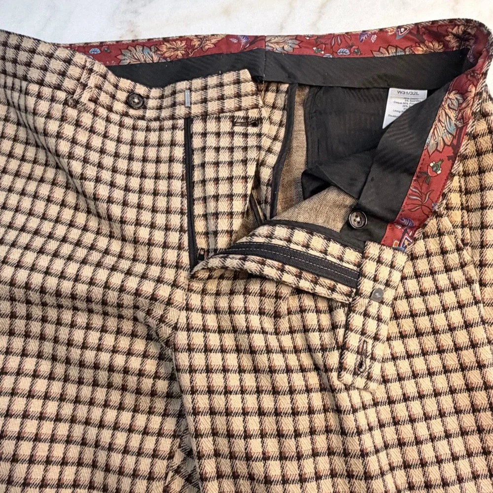 Paisley & Gray Slim Fit Plaid Trousers Mens tagged W31 L32 Tan Brown Check Pants